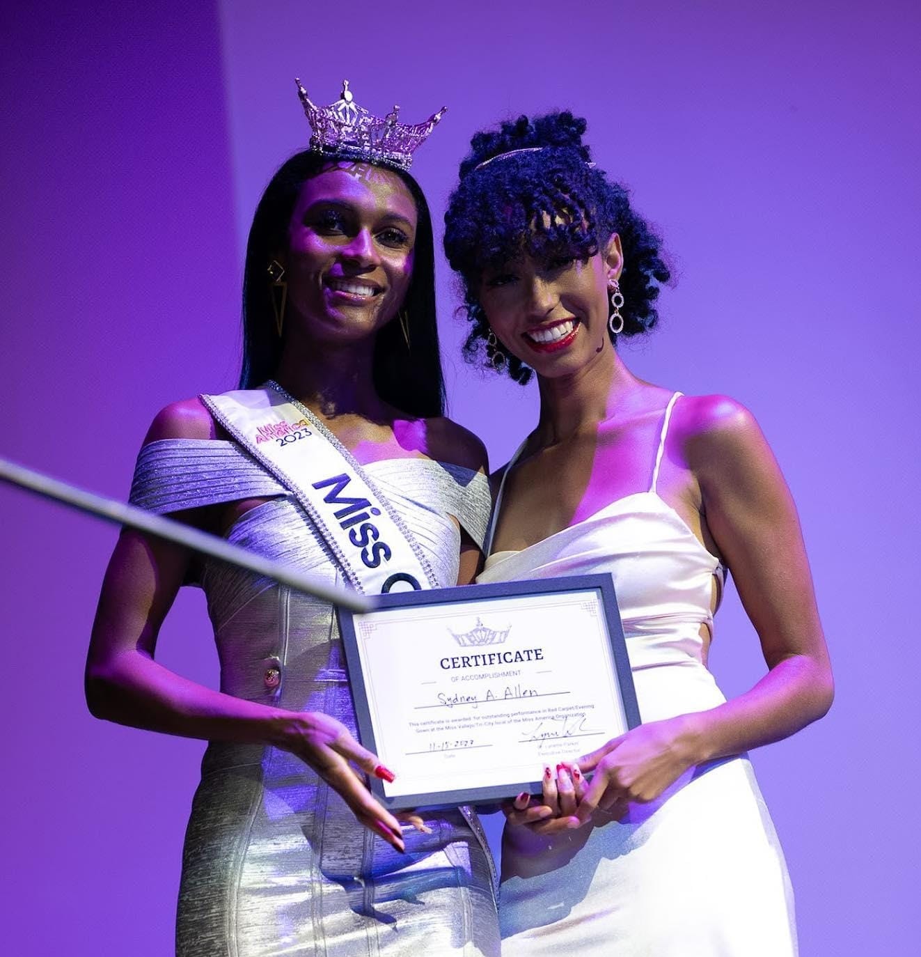 Miss California Sabrina Lewis congratulates the newly crowned Miss Vallejo/Tri-City during a ceremony last month. 