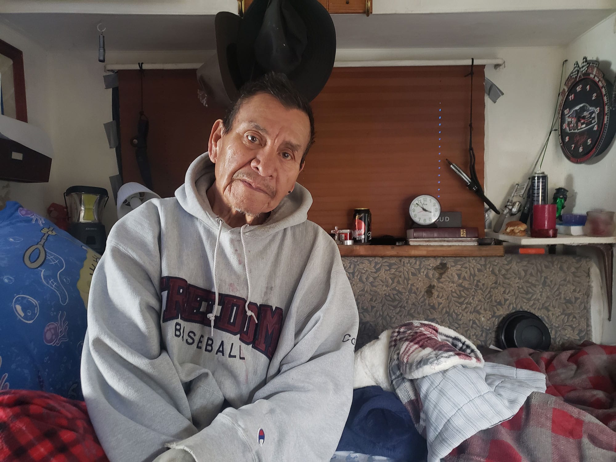 Jack Simmons in his RV at the Vallejo boat launch. 