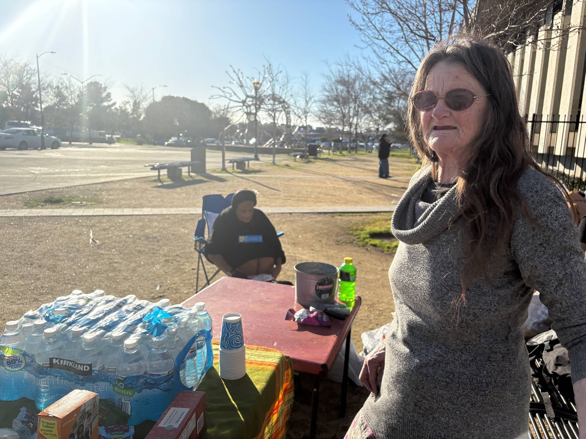 Homeless Vallejo resident Kathryn Salm speaks at a protest of Vallejo's policies outside City Hall on Wednesday.