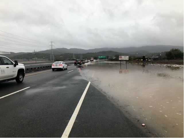 Flooding on Highway 37 in Marin County in 2023. 