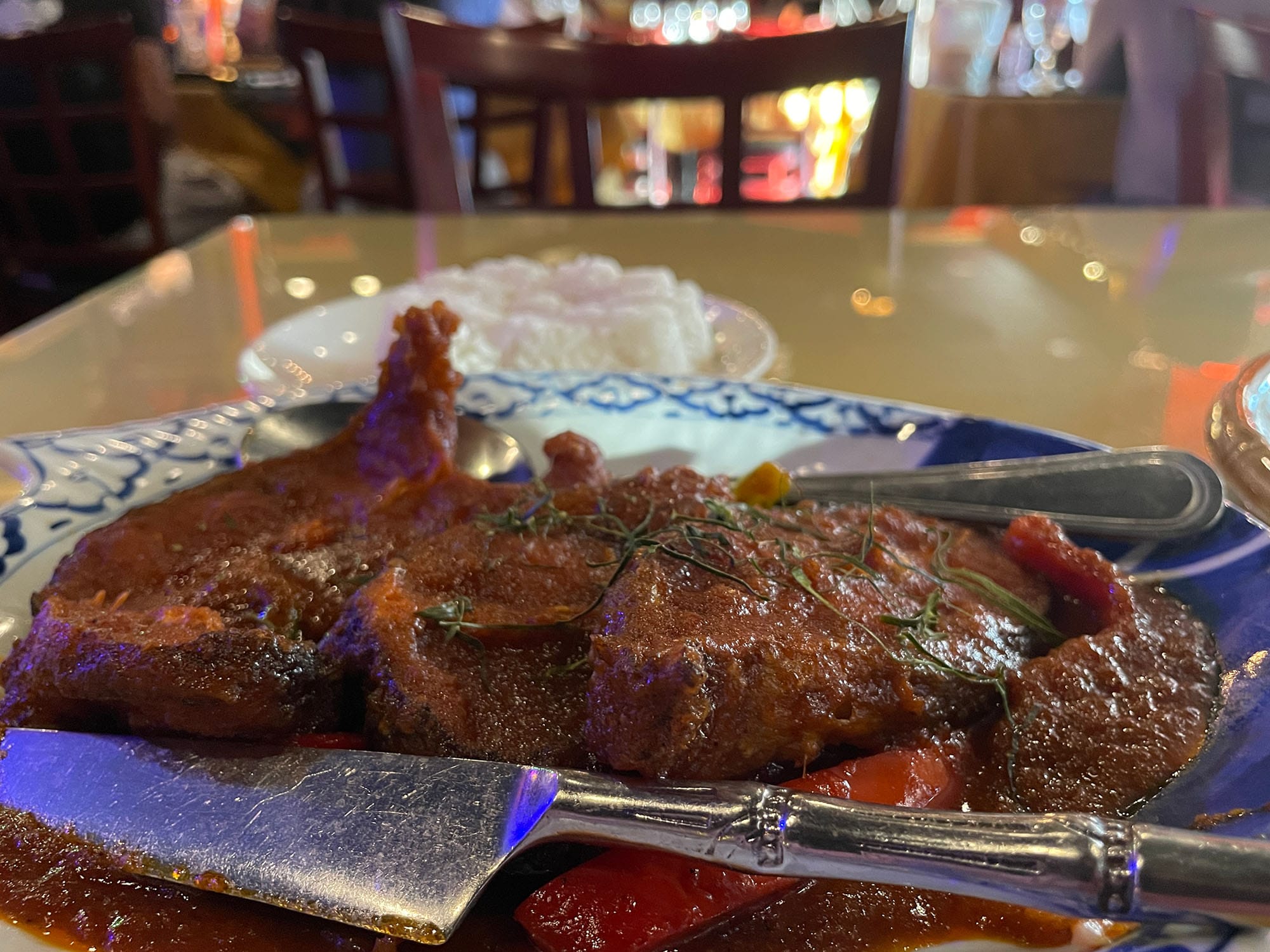 Fried catfish with a red curry sauce at Elephant Thai.