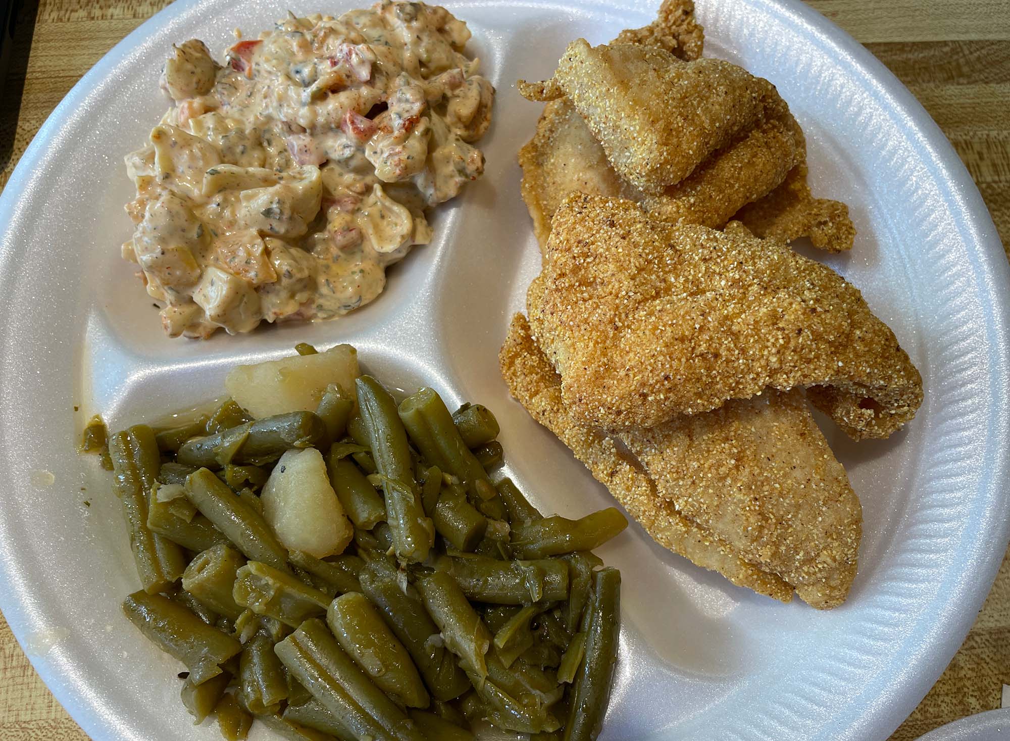 Fried catfish, green beans and macaroni salad at My Homestyle Cafe.