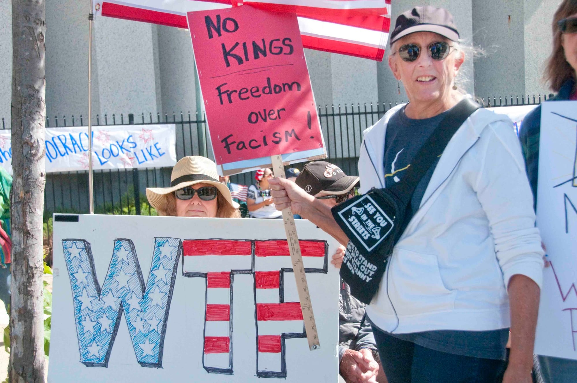 Protesters at the "No Kings Day" protest in Vallejo on Saturday. 
