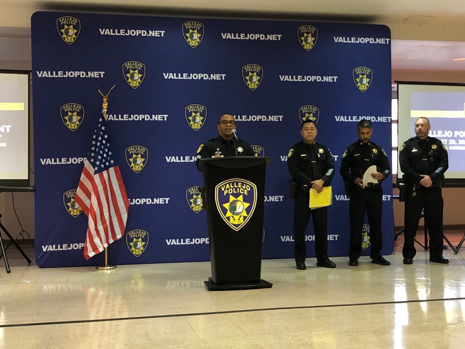 Vallejo police spokesperson Sgt. Rashad Hollis speaks during a presentation on an Aug. 29 police shooting during a town hall meeting Thursday