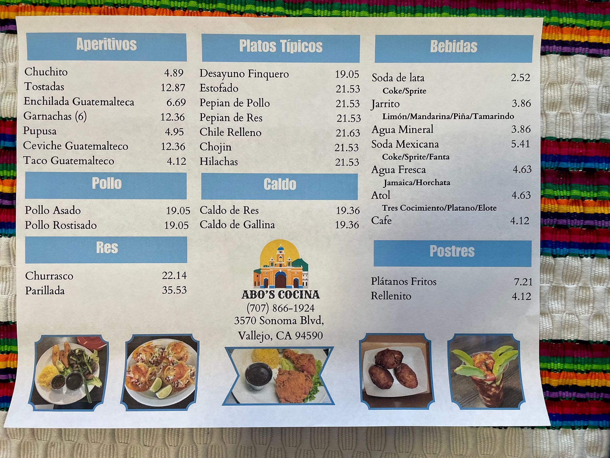 The menu at Abo's Cocina