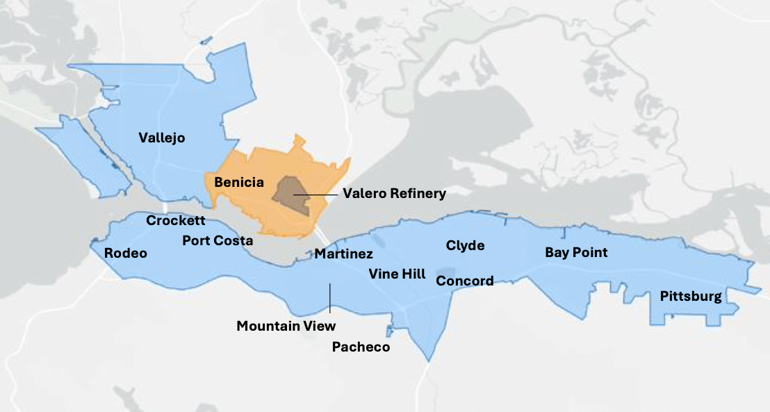 Map of communities eligible for grants, with only Benicia eligible for the largest funds.