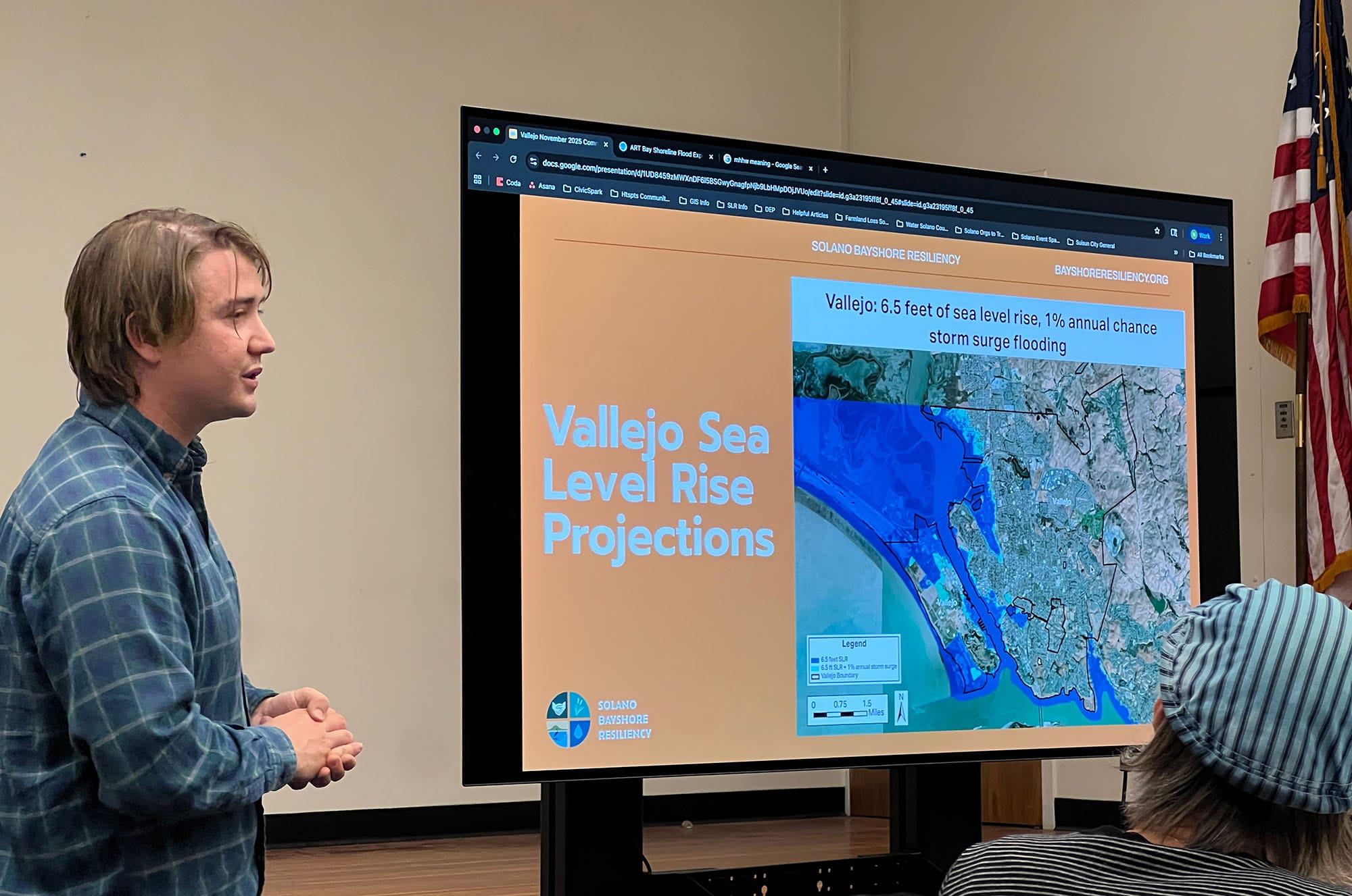  Greenbelt Alliance resilience manager Nate Huntington speaks during a Nov. 13 meeting on climate change at the John F. Kennedy library in Vallejo. 
