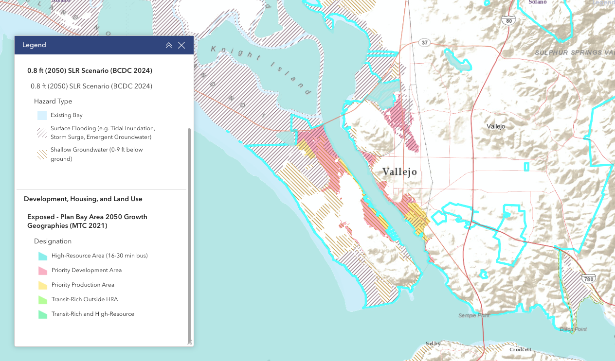 A map of areas that would flood in Vallejo if sea levels rise one foot by 2050.
