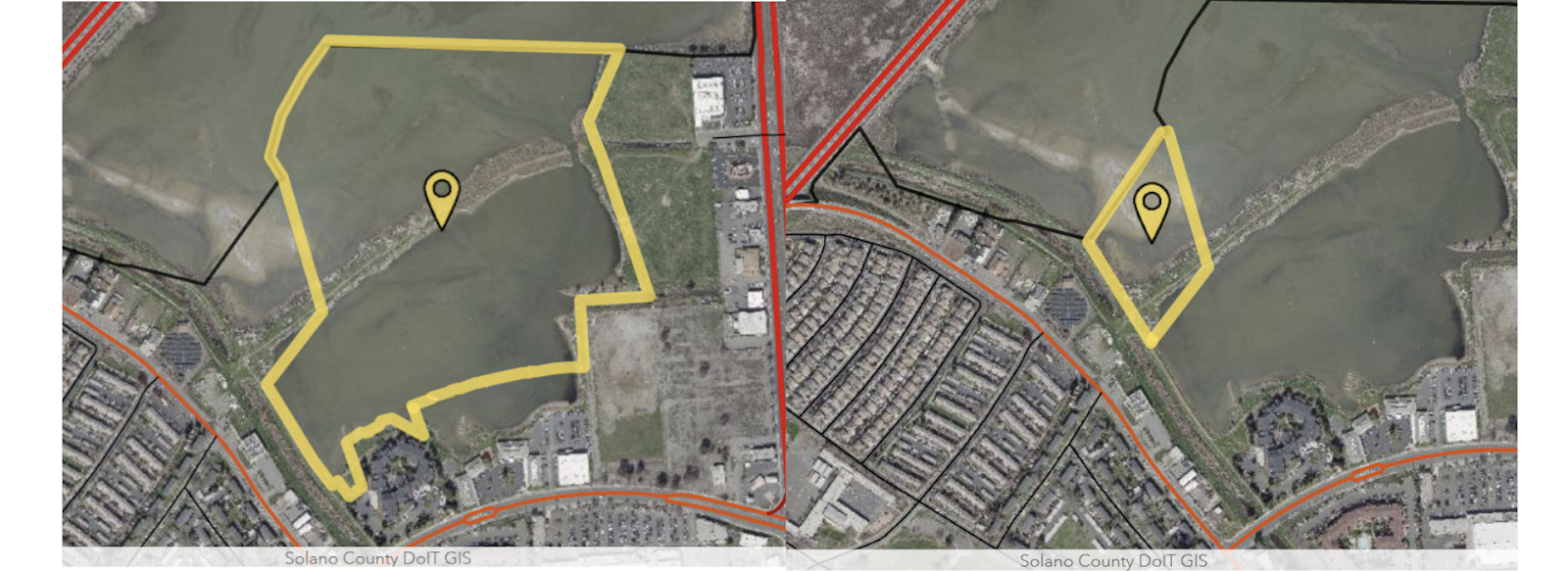 Robert Laron Bell owns a larger parcel, left, while the Gianulias family owns a smaller parcel, right. 