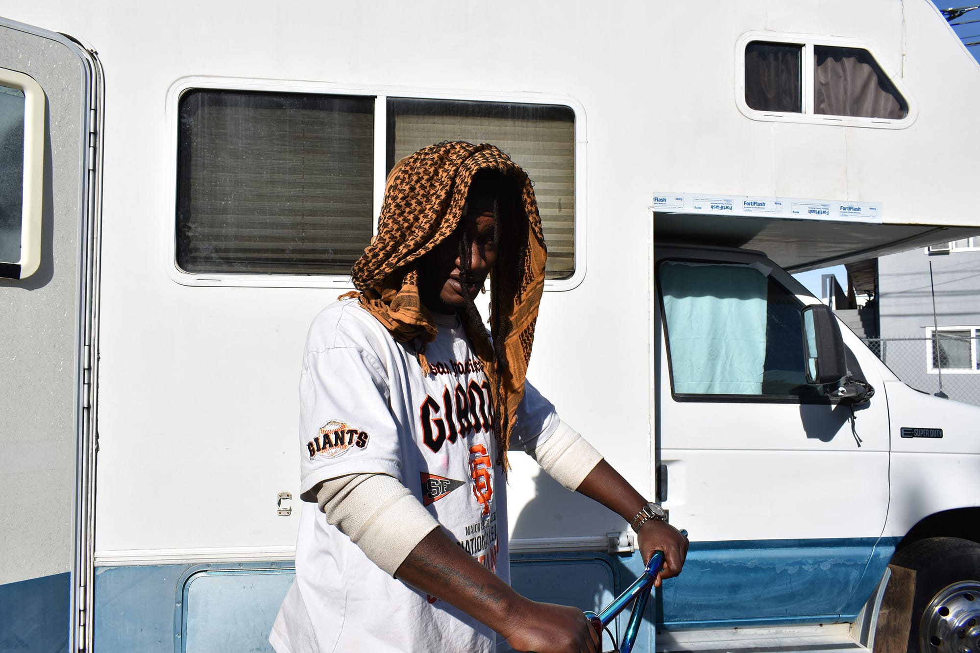 Mike Harper stands outside the RV at the Church of the Nazarene.