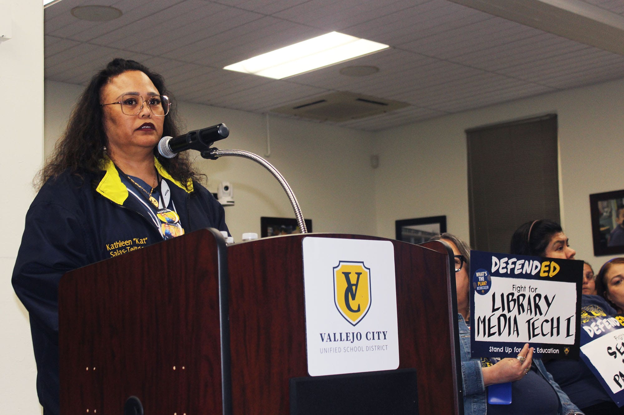 CSEA President Kat Salas-Teitgan speaks during Tuesday's school board meeting. 