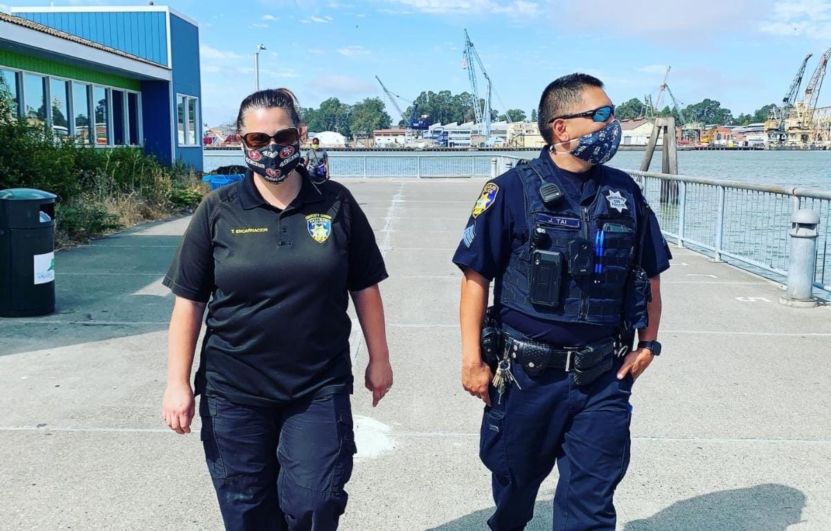 Vallejo police officials walk along the waterfront in a photo included with the Operation PEACE announcement in 2020. 
