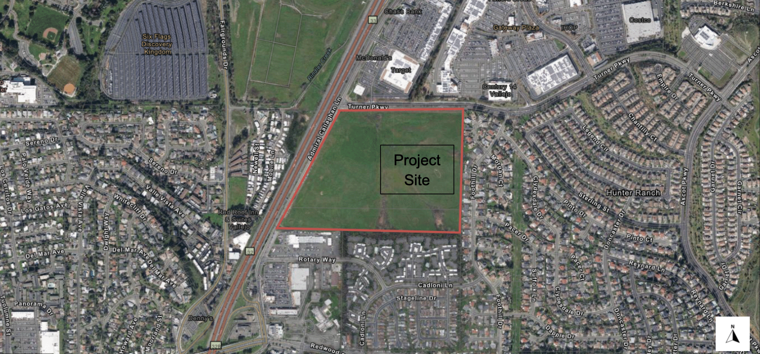 A map showing the proposed location of a new Costco-centered development in North Vallejo. P