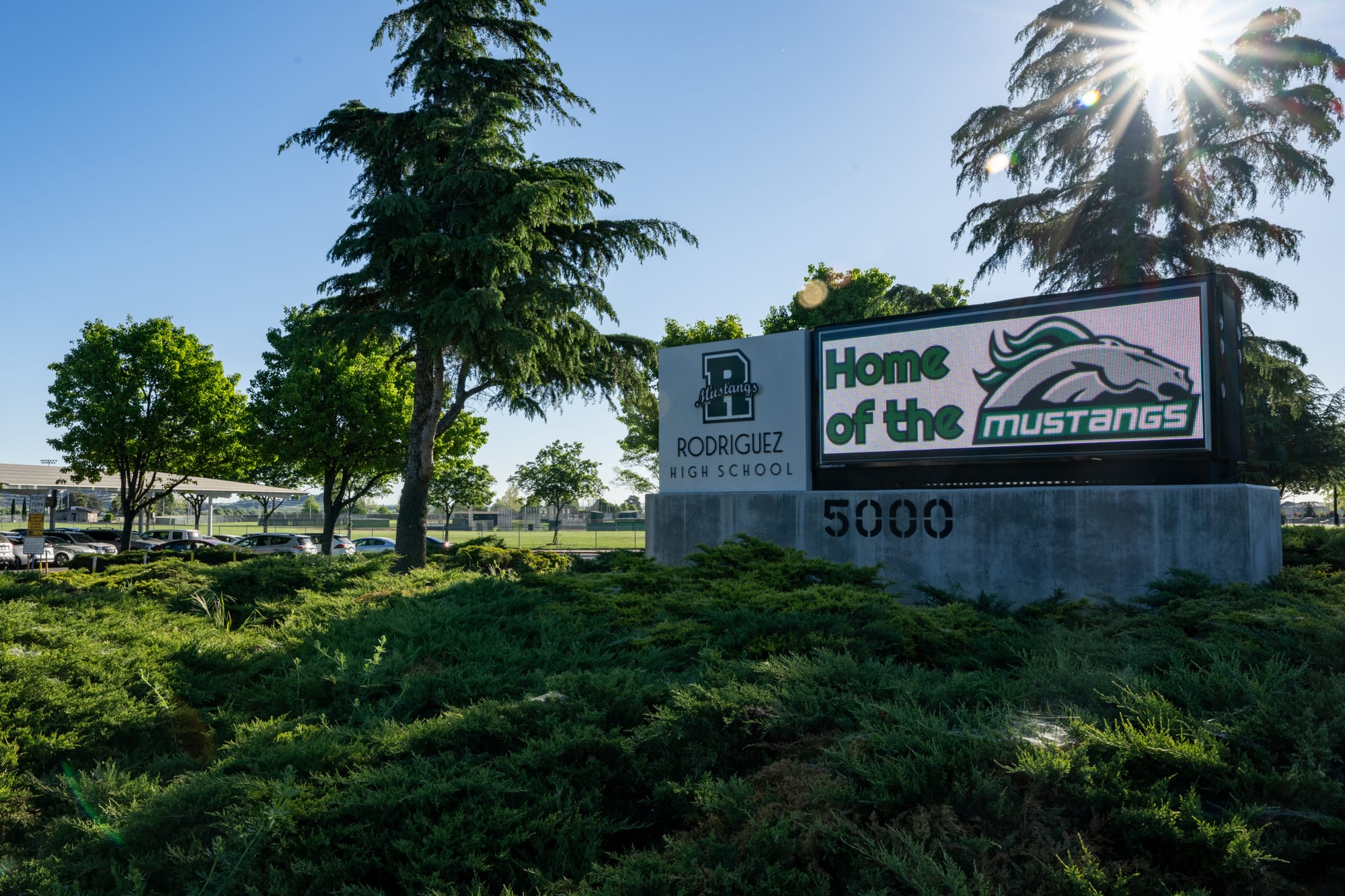 The entrance to Rodriguez High School in Fairfield, California.