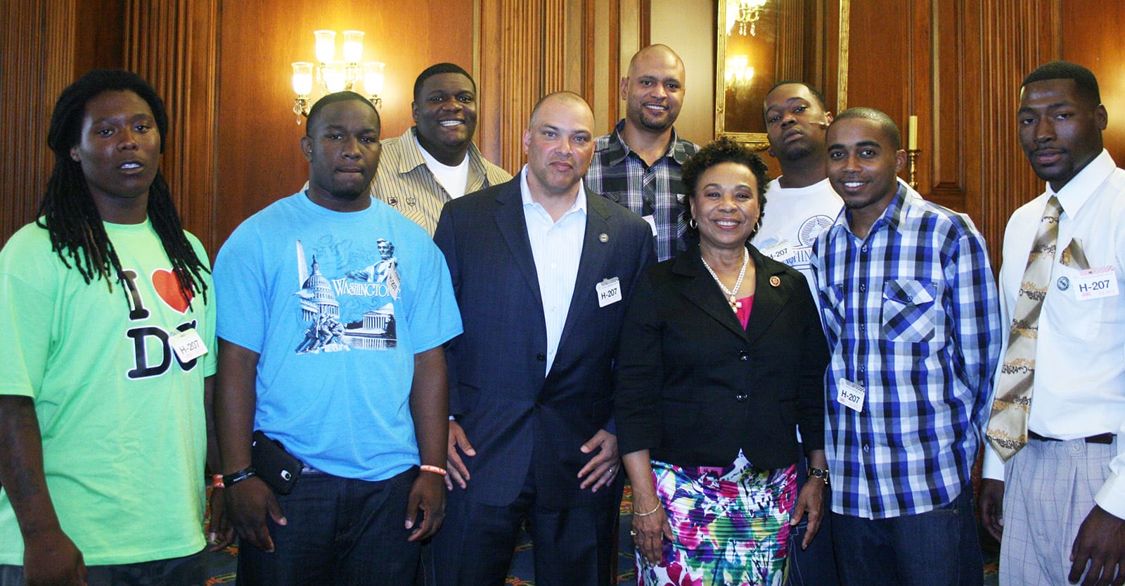 Richmond Office of Neighborhood Safety director DeVone Boggan, center in suit, and Operation Peacemaker staff and fellows met with U.S. Rep. Barbara Lee in Washington, D.C., in 2015.