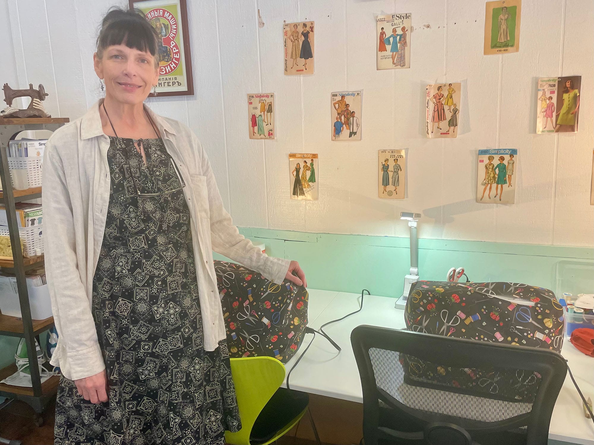 Julie Barner at her sewing school, Make It Sew, with sewing machines for her students. 