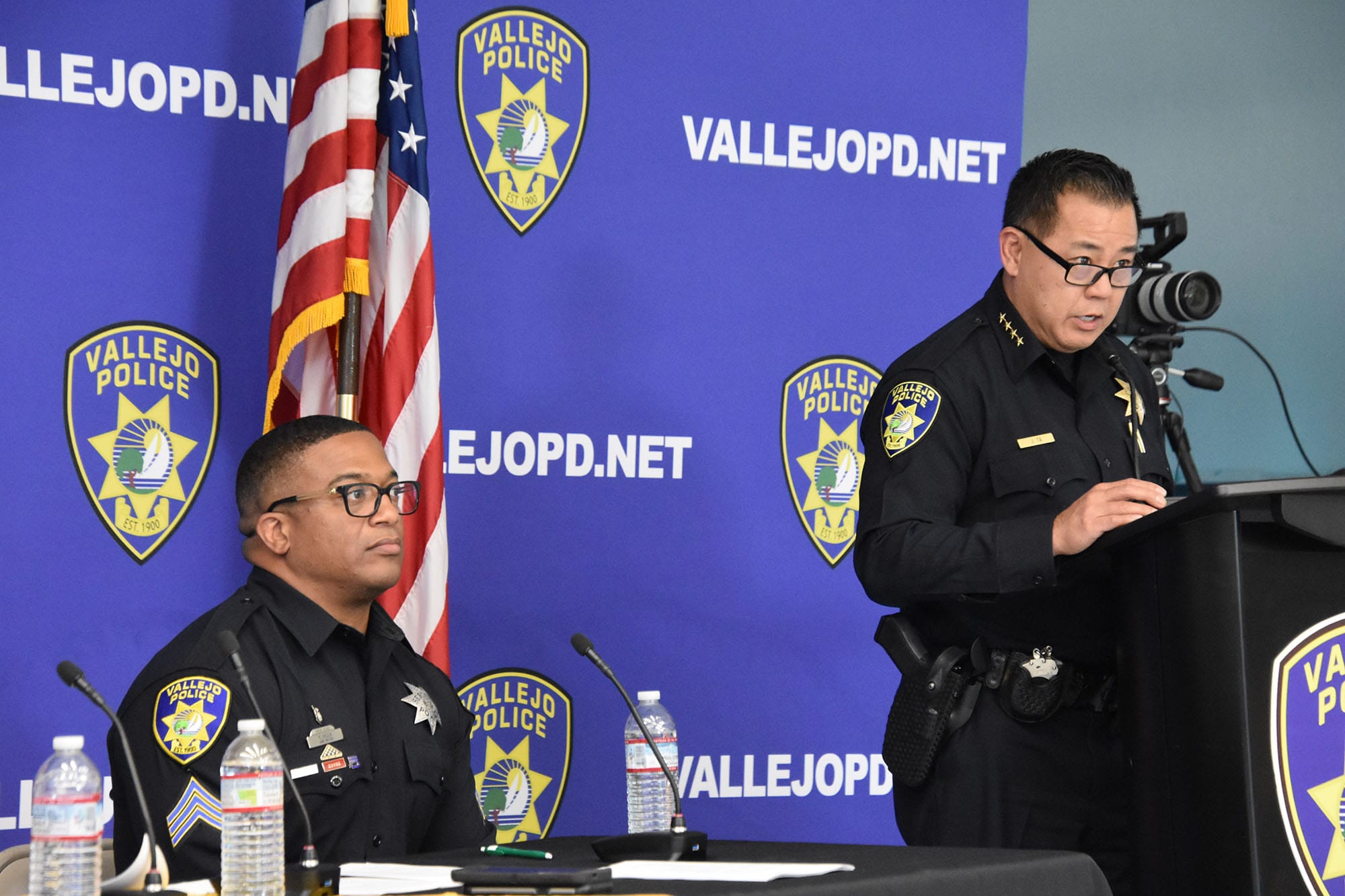 Vallejo police Sgt. Rashad Hollis and Chief Jason Ta at the Aug. 3 town hall at Griffin Academy. 