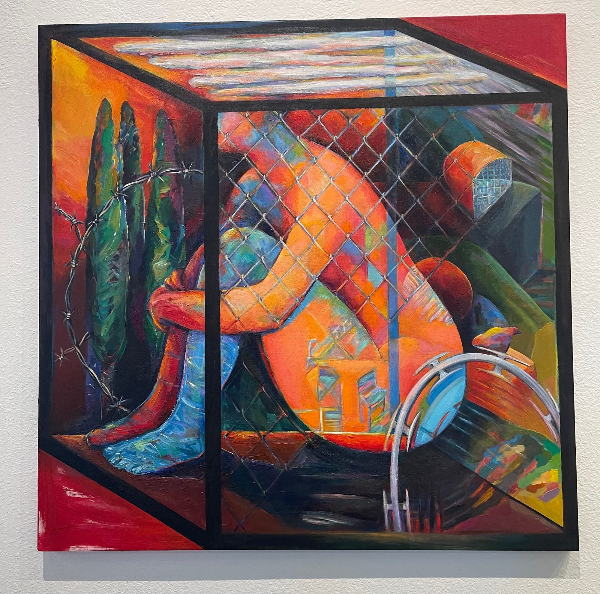 An oil painting by Diana Krevsky of a woman encased in a box, symbolizing the social constraints that women suffer.
