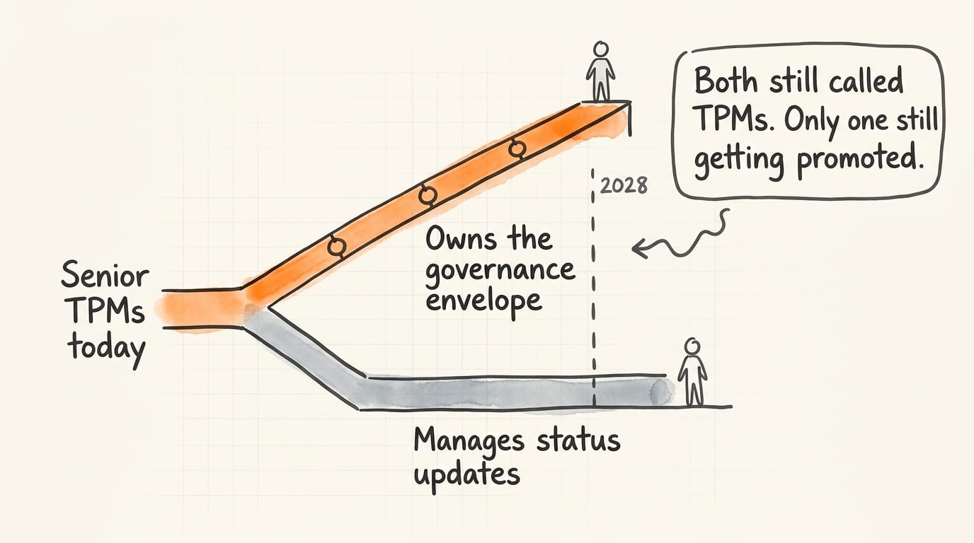 Fork diagram showing senior TPMs today splitting by 2028 into one path that owns the governance envelope and another that manages status updates