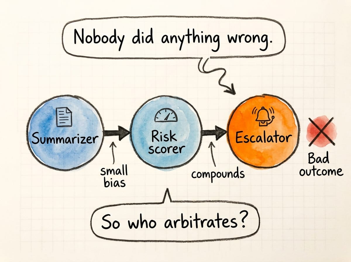 Chain of three agents — Summarizer, Risk scorer, Escalator — with a small bias compounding into a bad outcome