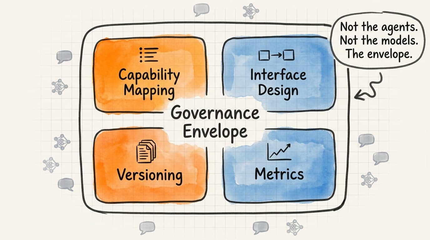 2x2 diagram showing the governance envelope with Capability Mapping, Interface Design, Versioning, and Metrics around a central label