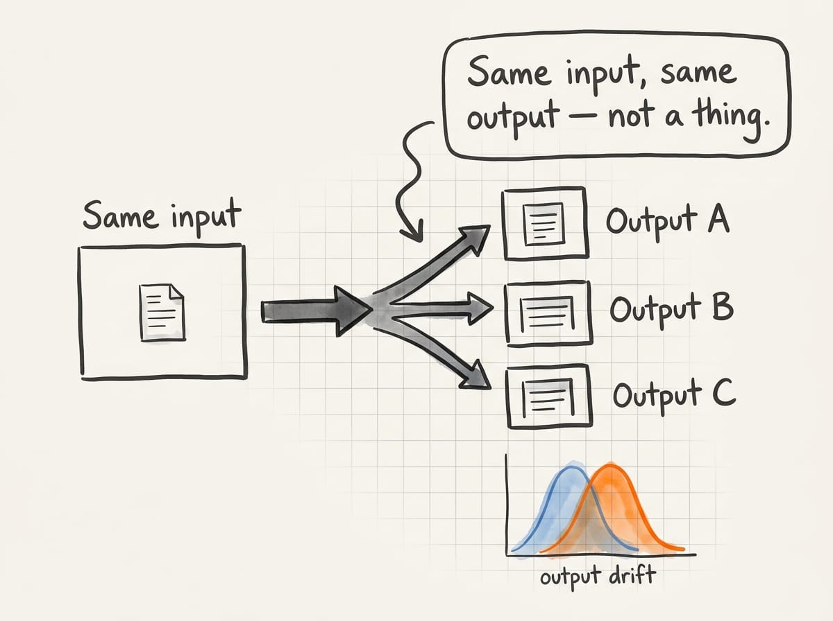 Diagram showing the same input producing three divergent outputs, with a shifting bell-curve distribution below