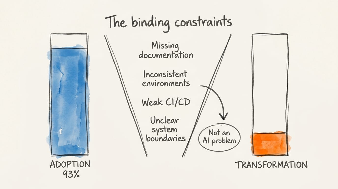 The 93% Gap: adoption is nearly complete; transformation is gated by four binding constraints that cross team boundaries.