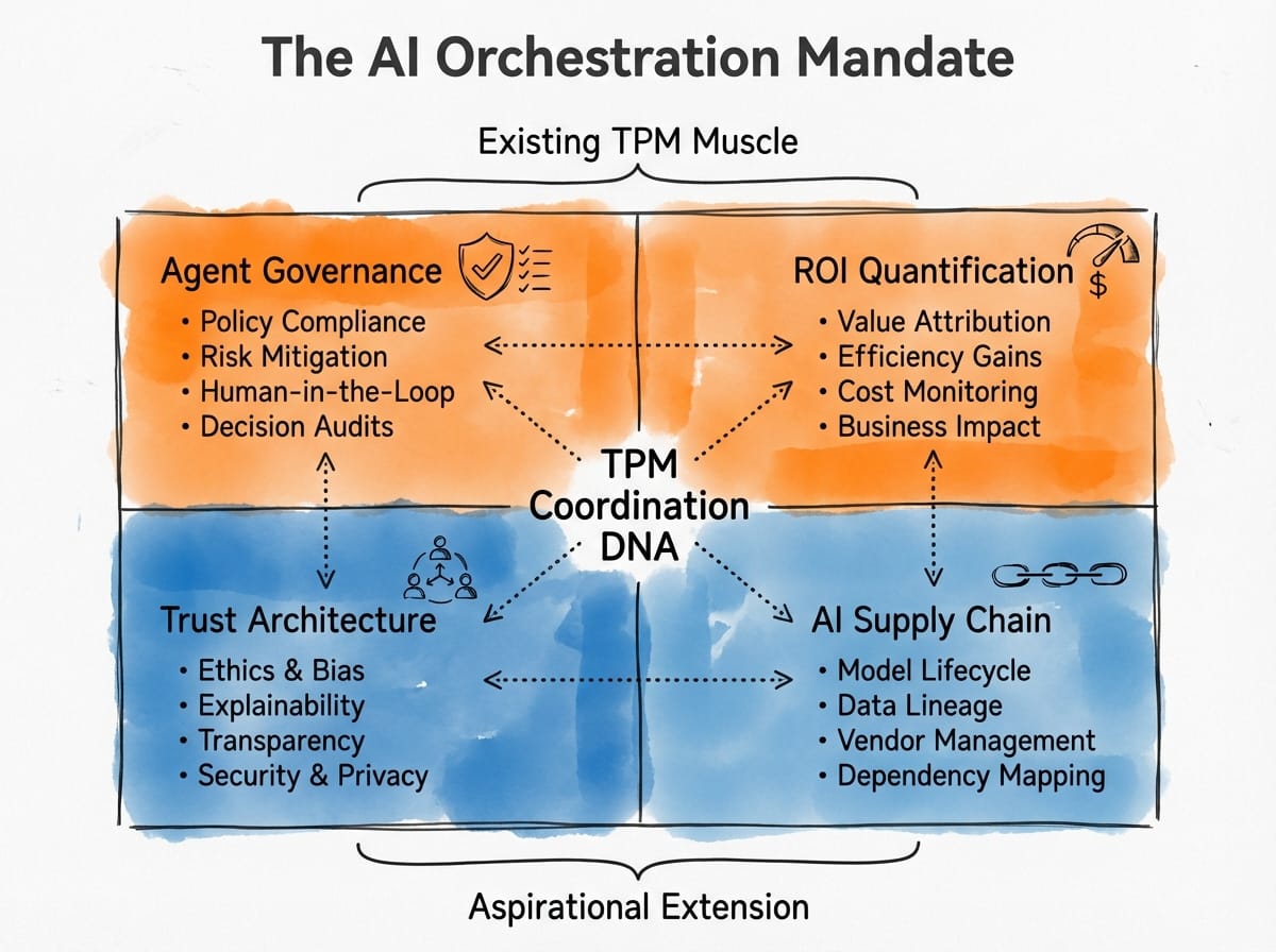 The AI Orchestration Mandate: Agent Governance and ROI Quantification as existing TPM muscle, Trust Architecture and AI Supply Chain as aspirational extensions, all connected through TPM Coordination DNA.