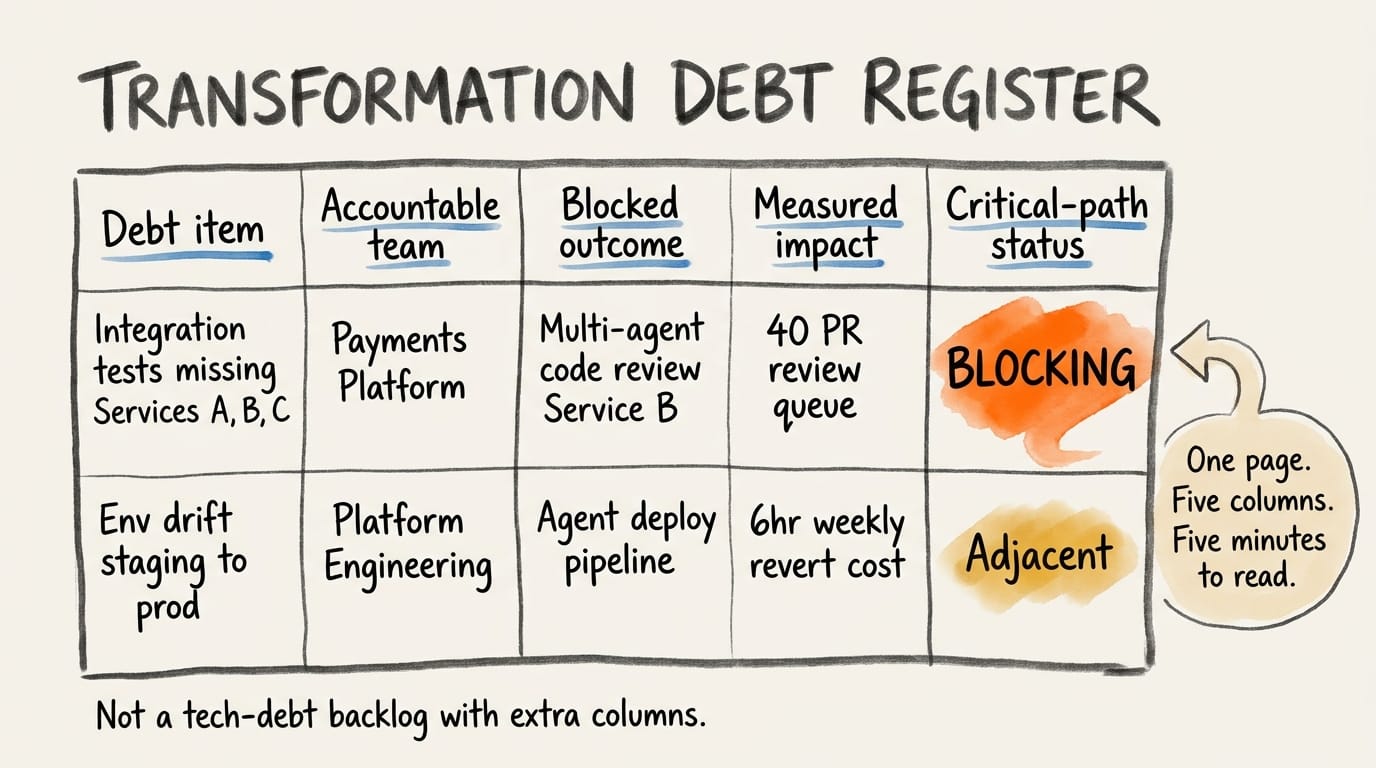 The Transformation Debt Register: a one-page portfolio artifact binding each debt item to an accountable team, a blocked transformation outcome, a measured impact, and a critical-path status.