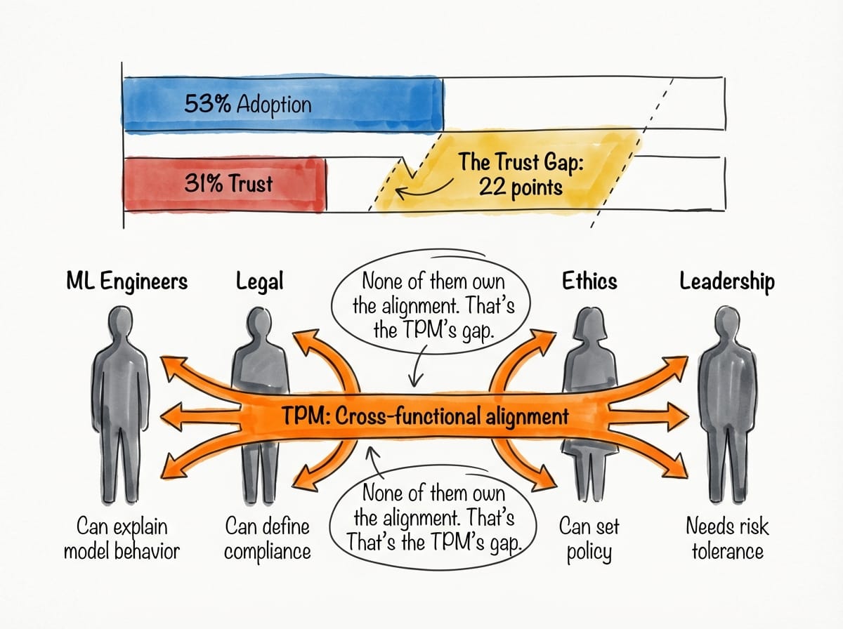 The Trust Gap: 53% adoption but only 31% trust. ML Engineers, Legal, Ethics, and Leadership each own a piece -- but none own the cross-functional alignment. That's the TPM's gap.