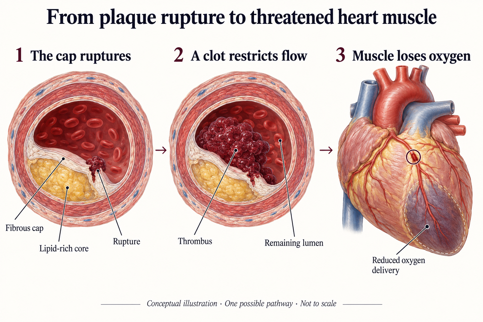 Conceptual three-panel illustration showing a focal break in a coronary plaque's fibrous cap, a larger clot restricting the lumen, and downstream heart muscle receiving less oxygen.