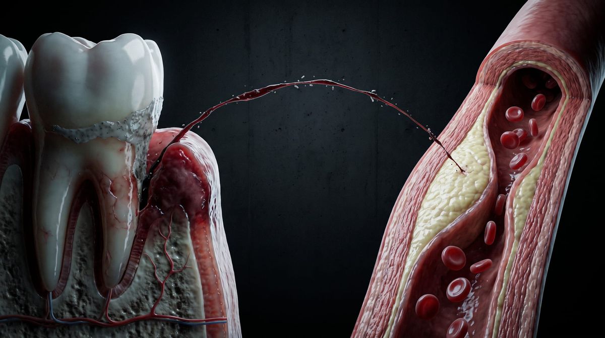 A molar with an inflamed periodontal pocket on the left and a coronary artery with a plaque on the right, joined by a thin thread of blood