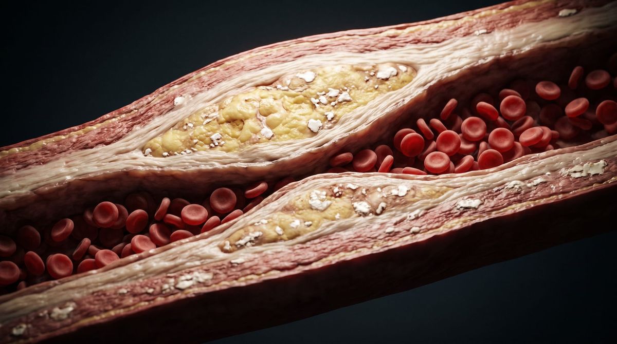 Cross-section of a coronary artery with an atherosclerotic plaque: fibrous cap, lipid core and calcification
