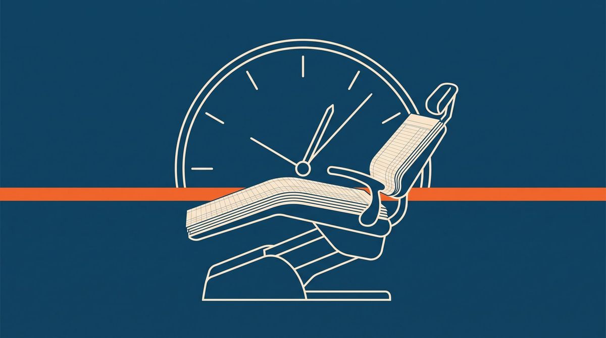 A dental chair drawn in ledger lines beneath a clock — the chair-hour as the unit of production