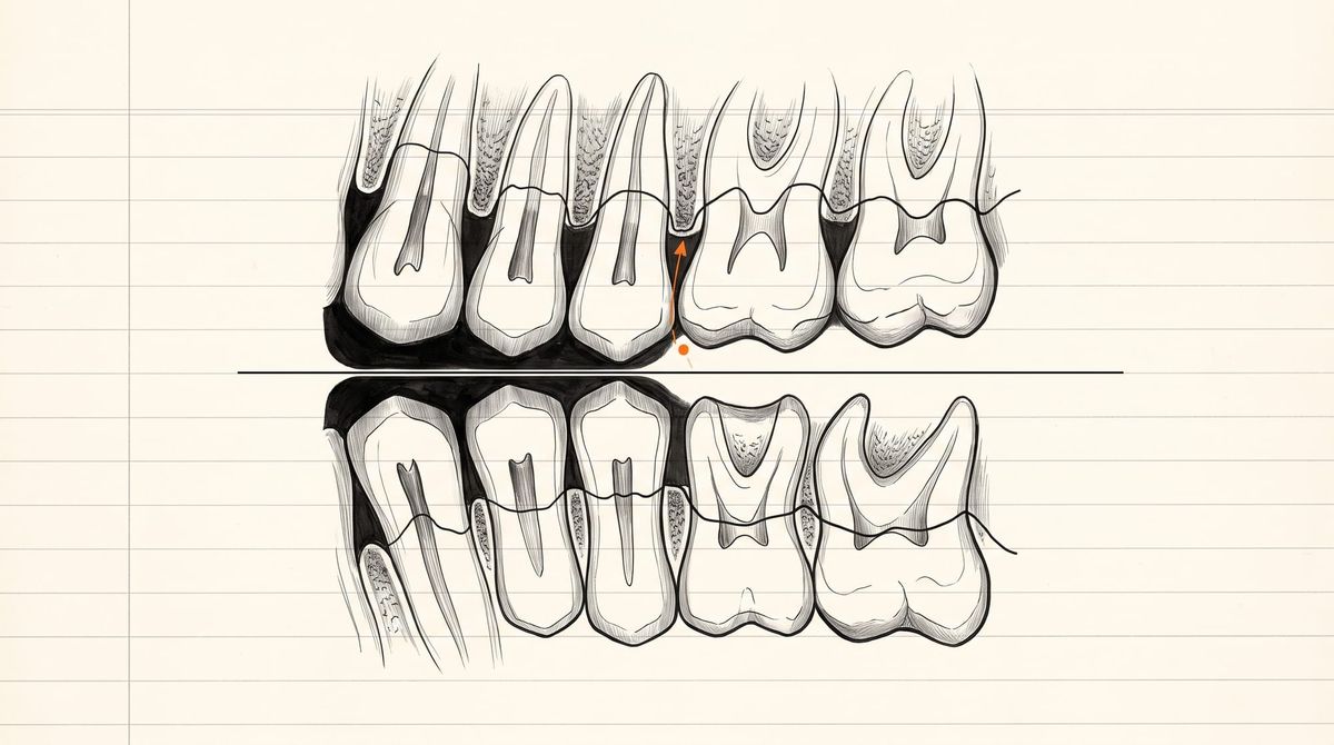 A dental bitewing radiograph drawn in ledger lines, read by one AI overlay from the chair side and a mirrored overlay from th