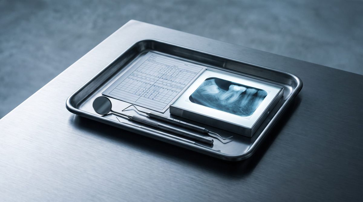 Dental tray with mirror, periodontal probe, explorer, a periodontal chart and a radiograph on a lightbox