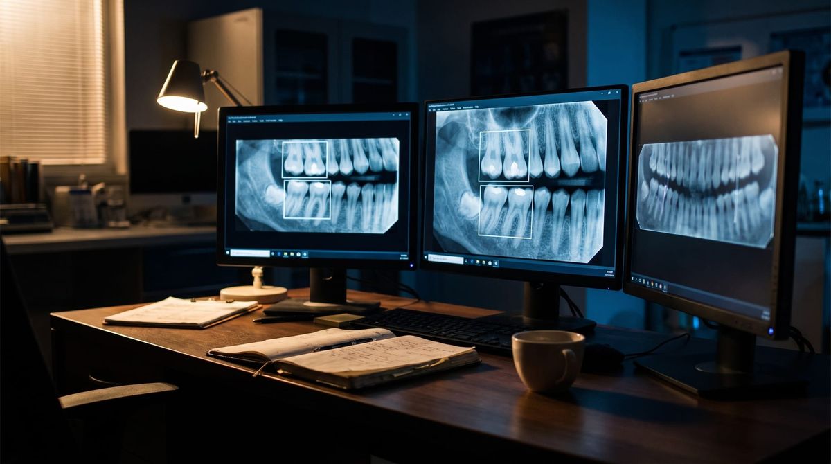 Three monitors showing dental radiographs annotated with outline boxes around individual teeth