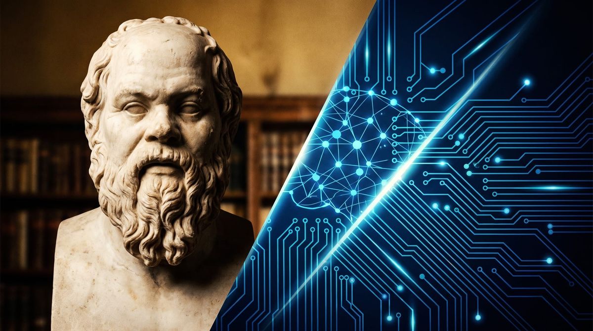 Marble bust of Socrates in a library on the left, glowing circuitry and a neural network on the right, divided by a diagonal slash