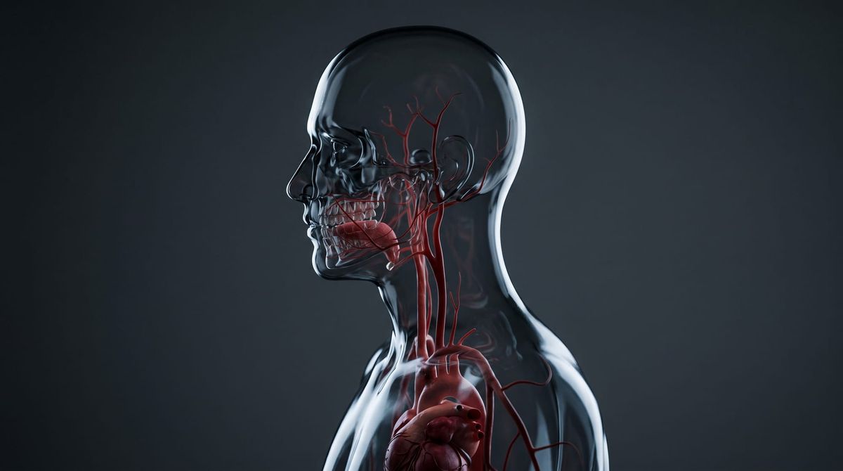 Translucent human figure in profile showing the heart, carotid arteries and the vessels of the jaw and mouth
