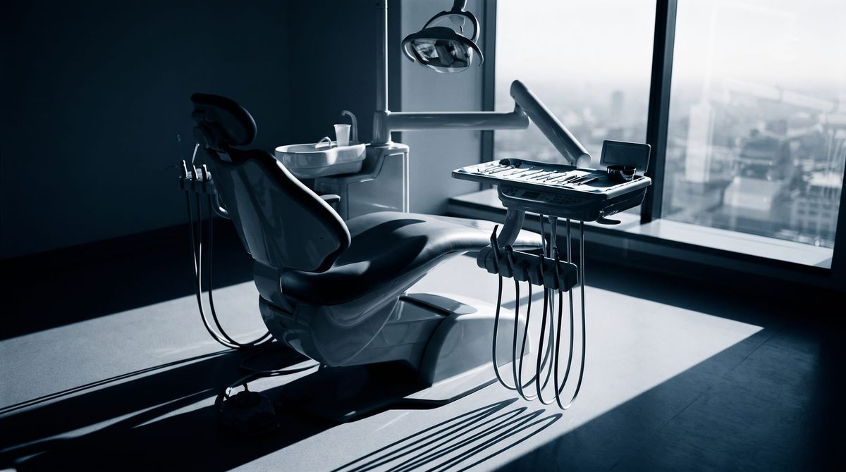 An empty dental chair beside a window in early morning light