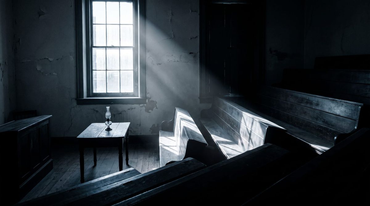 An empty nineteenth-century lecture room with wooden benches, a small table and pale window light