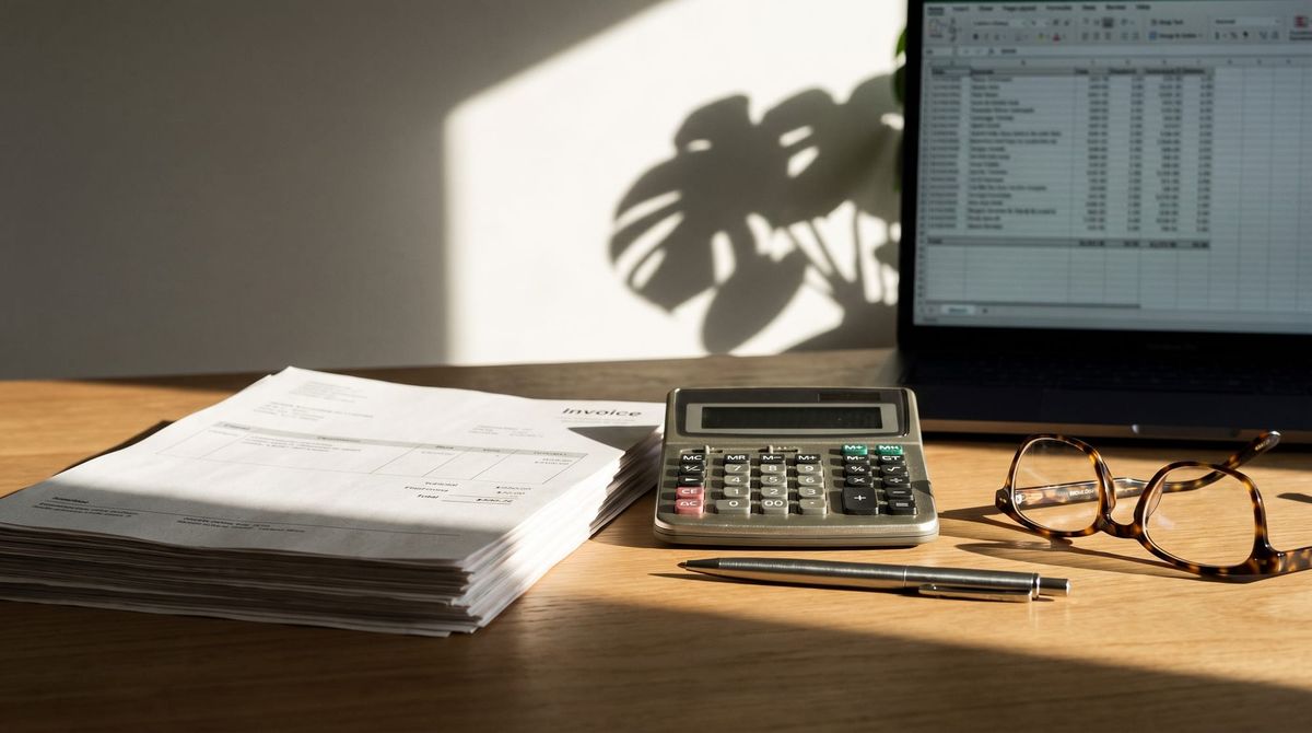 A desk with a stack of software invoices, a calculator, reading glasses and a laptop spreadsheet out of focus