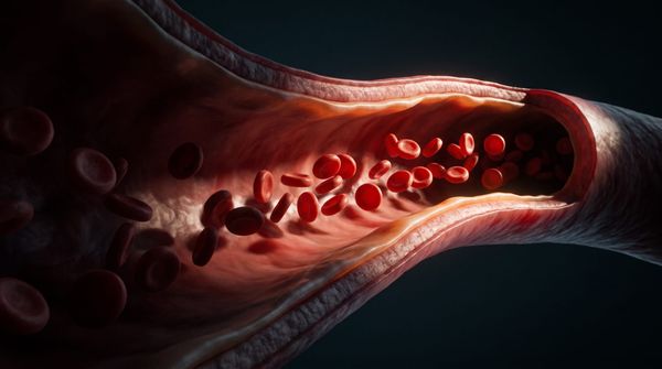 Inside a human artery: red blood cells flowing past the endothelial lining of a relaxed, widened vessel