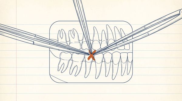 A dental bitewing radiograph drawn in ledger lines, measured by three rulers from three directions