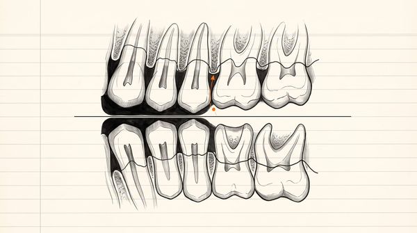 A dental bitewing radiograph drawn in ledger lines, read by one AI overlay from the chair side and a mirrored overlay from th