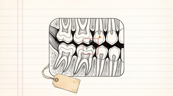 A dental bitewing radiograph drawn in ledger lines, with one AI bounding box on a lesion and a price tag hanging from the fra