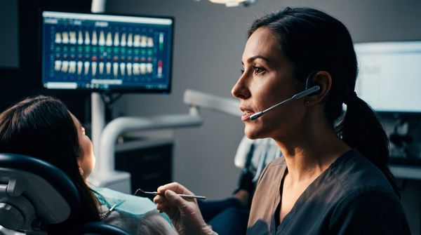 A dental hygienist wearing a headset microphone while probing, a periodontal chart on a nearby monitor