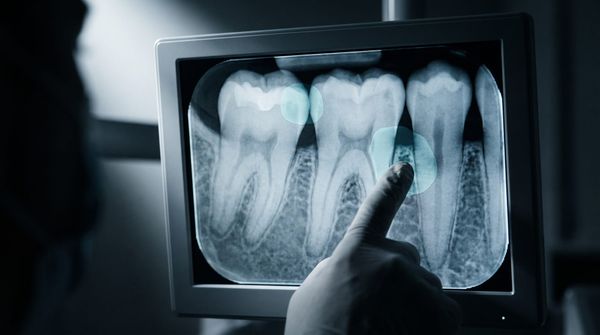 A chairside monitor showing a dental radiograph with highlighted regions on two teeth and a gloved finger pointing