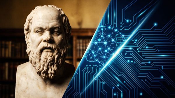 Marble bust of Socrates in a library on the left, glowing circuitry and a neural network on the right, divided by a diagonal slash