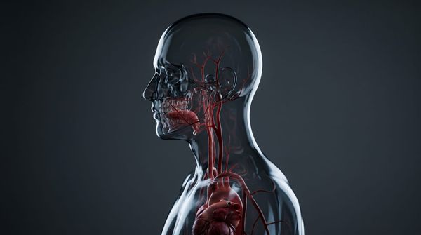 Translucent human figure in profile showing the heart, carotid arteries and the vessels of the jaw and mouth